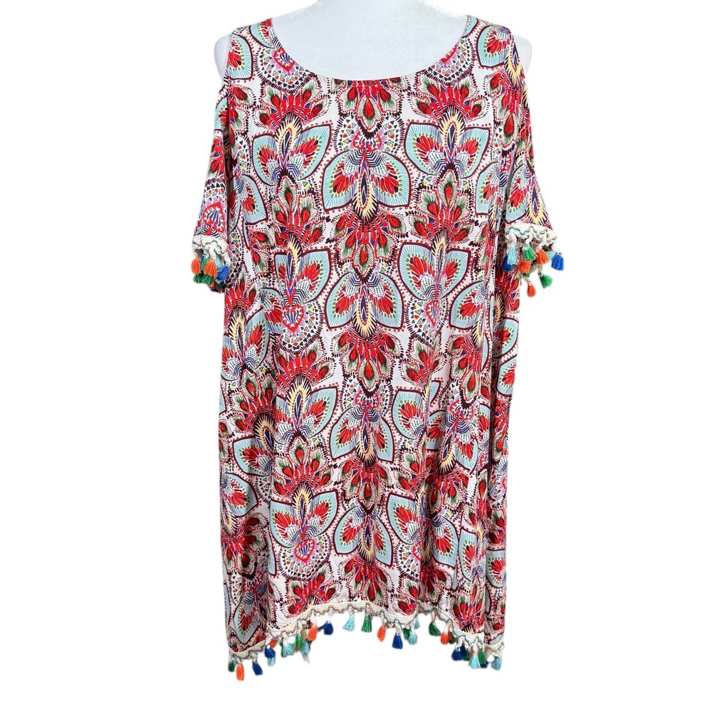 Jodifl‎ Cold Shoulder Tassel Dress Medium Colorful Print Bohemian Style Fiesta